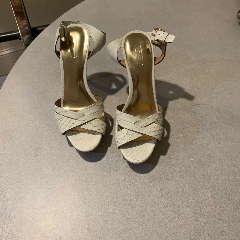 Coach Ivory Snakeprint Leather Platform High Sandals sz 8.5 B